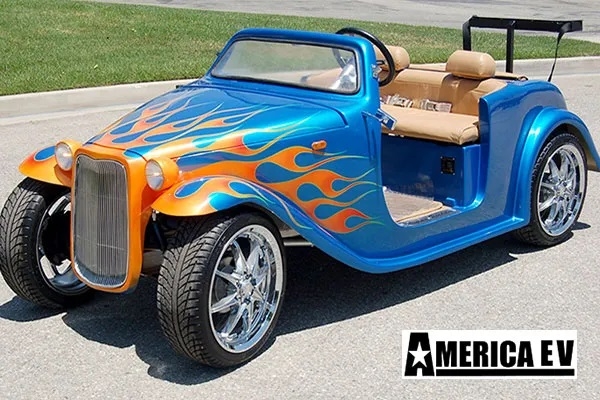 Blue California Roadster with Orange Flames affordable golf cart rental, golf cart rent massachusetts