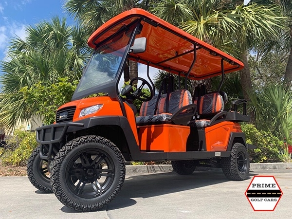 Orange Bintelli Beyond 6 Passenger Lifted Golf Cart affordable golf cart rental, golf cart rent massachusetts
