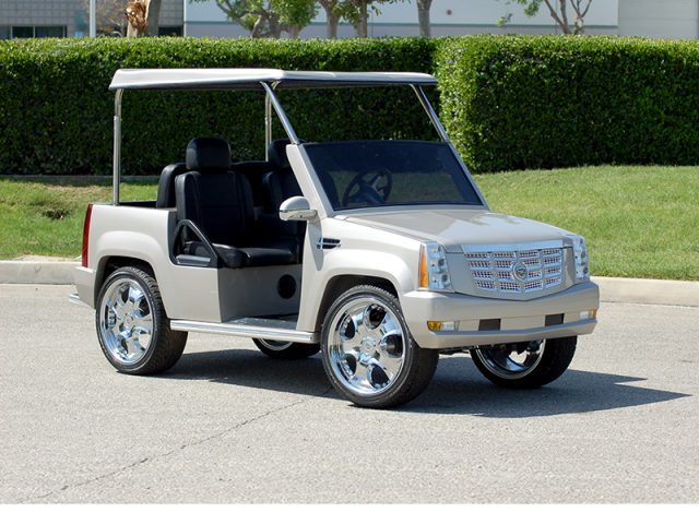 Silver Escalade Golf Cart With Roof and Custom Wheels affordable golf cart rental, golf cart rent massachusetts