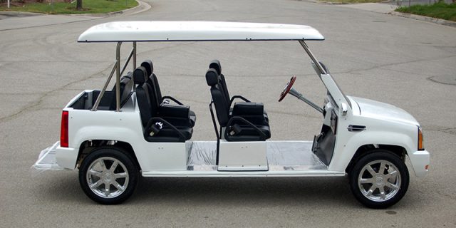 White Escalade Limo Golf Cart affordable golf cart rental, golf cart rent massachusetts